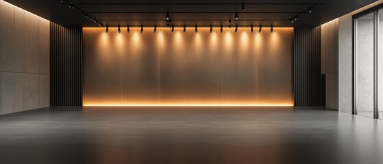 Empty room with a large window on the right side. the room has a concrete floor and walls on both sides. the walls are painted in a light beige color and have vertical lines running along them.