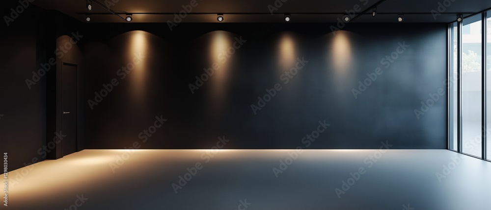 Poster empty room with a large window on the right side. the room has a black wall on the left side and a f