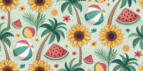 Cute seamless summer pattern with sunflowers, ice cream, beach balls, and fruits in vibrant colors. Perfect for textiles, packaging, and stationery.
