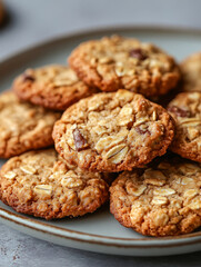 Close-up of freshly baked oatmeal cookies on a plate.