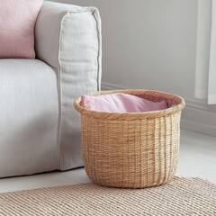 Beige Woven Basket with Pink Cushion on a Light Beige Rug