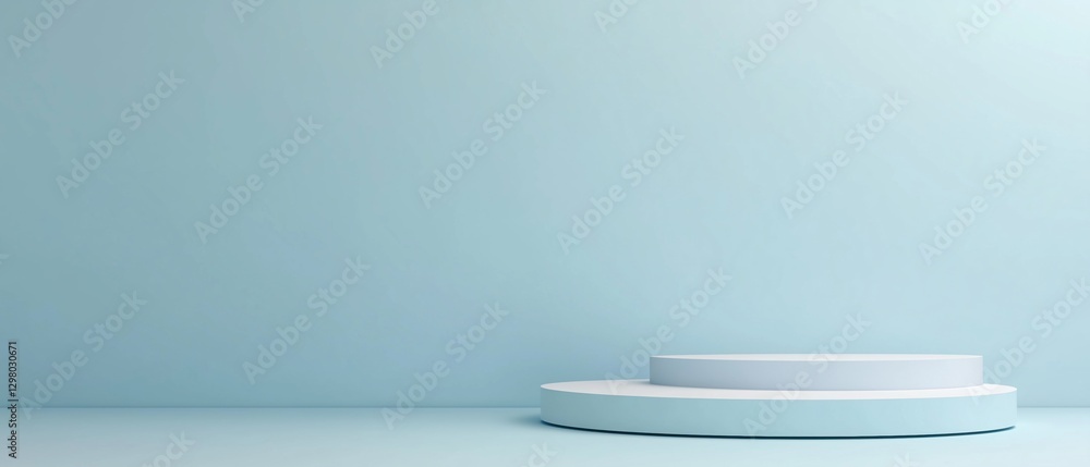 Poster 3d rendering of a white circular platform or podium against a light blue background. the platform ap