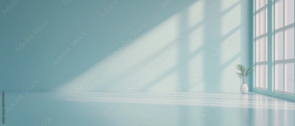 Poster empty room with a large window on the right side. the walls are painted in a light blue color and th