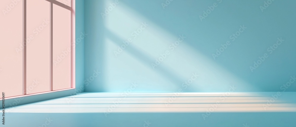 Poster empty room with a light blue wall and a window on the left side. the window has a pink frame and is 