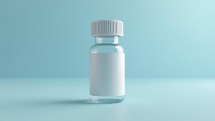 Enclomifene. Clear medical glass vial with white cap standing on blue surface, isolated pharmaceutical container for vaccine or medicine, healthcare background with soft lighting and pastel color sch