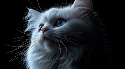Dramatic pet portrait gaze concept. A close-up of a fluffy white cat with striking blue eyes, illuminated against a dark background, showcasing its elegant features and serene expression.