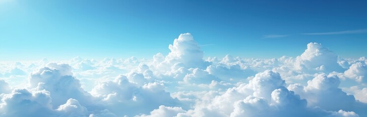 Aerial panoramic view of blue sky, white clouds. Sky panorama of cloudscape on sunny summer day. Beautiful clear skyline background with fluffy scenic heaven. Cumulus cloudscape creates sense of