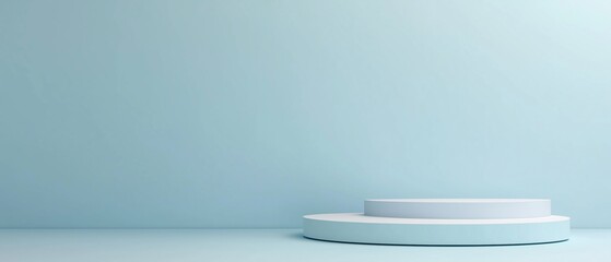 3d rendering of a white circular platform or podium against a light blue background. the platform appears to be empty and is placed on a plain white surface.