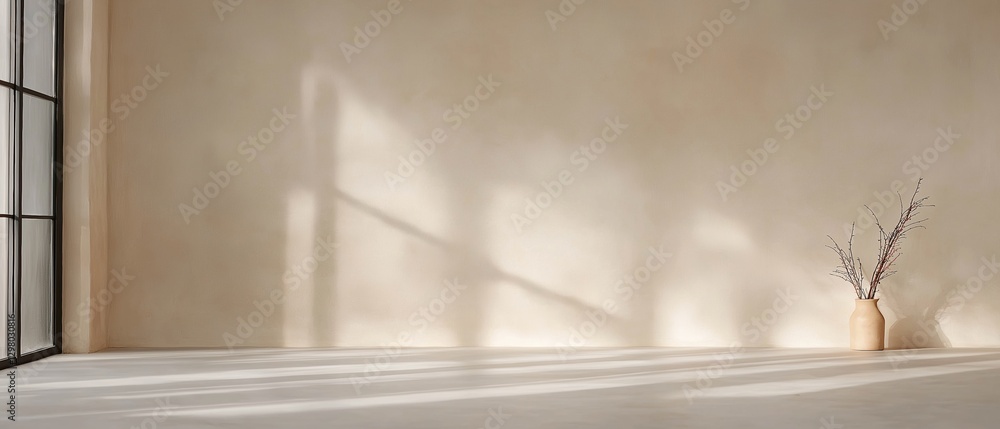 Aufkleber empty room with a large window on the left side. the walls are painted in a light beige color and th