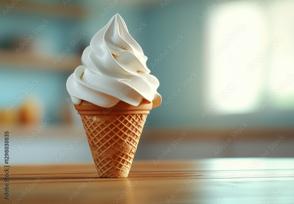 Poster delicious swirled vanilla ice cream in a crispy cone displayed on a wooden table with a blurred past