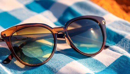 Macro sunglasses on beach towel: sunlight reflects in lenses.  Vibrant summer vacation vibe.  Ideal for travel, отдых, and summer designs.

