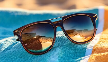 Macro sunglasses on beach towel: sunlight reflects in lenses.  Vibrant summer vacation vibe.  Ideal for travel, отдых, and summer designs.

