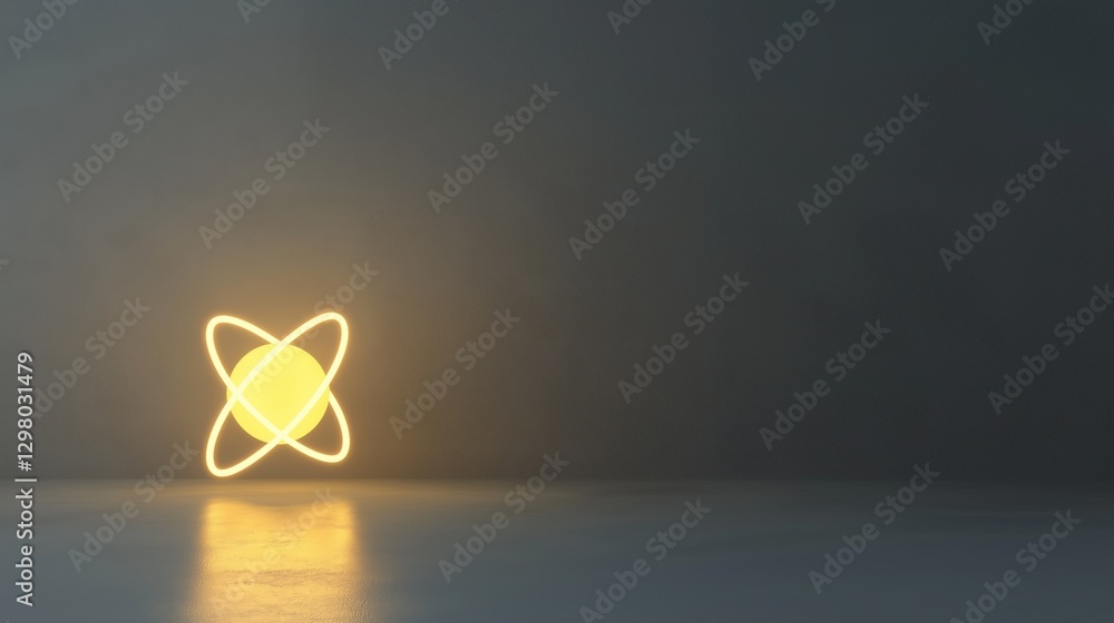 Poster 3d rendering of an atom in the center of a dark room. the atom is made up of two rings, one on top o
