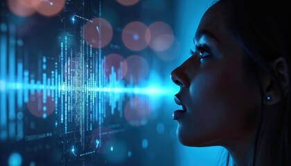 Side view of woman with open mouth, blue face, soundwave graphics voice recognition tech. AI processes speech, enables natural language interaction, dictation, authentication, smart assistance,