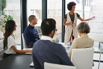 Corporate, woman and point in meeting in office of schedule update, daily planner and...