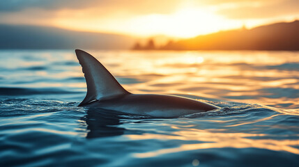 Fototapeta premium dangerous shark's fin emerging from the ocean, symbolizing danger and nature's power, with blurred vacationers in the background enjoying the water