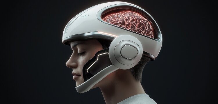 Futuristic cap interfaces human brain with computer, cognitive boost.