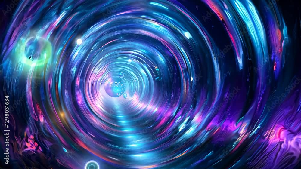 Poster Spheres float in a tunnel illuminated by vibrant glowing rays of color, spheres in tunnel on glowing and colored rays lights background