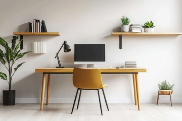 Bright Minimalist Home Office Interior with Wooden Desk and Yellow Chair