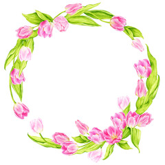 Watercolor pink tulip wreath. Composition for postcards, greeting cards, posters, invitations. Spring, Wedding, Mother's Day, Easter, Women's Day, Birthday. Hand drawn illustration.
