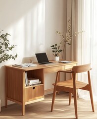 Bright Minimalist Home Office Light Wooden Desk and Chair in Sunlit Room