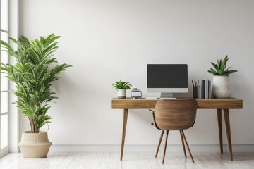 Bright Minimalist Home Office with Wooden Desk and Greenery