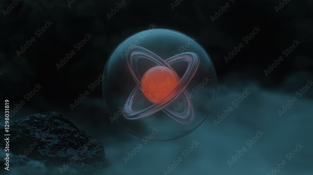 Poster digital illustration of an atom in outer space. the atom is in the center of the image, with a brigh