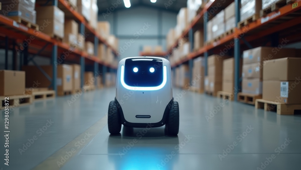 Aufkleber geek plus. robot is sitting in middle of warehouse aisle