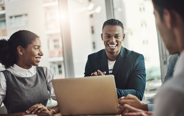 Laptop, meeting and man with business people and workshop for growth analyst, opportunity or idea. Teamwork, report and consultant with employees in corporate firm for planning and conference