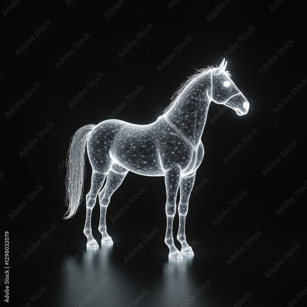 Aufkleber stylized wireframe horse with glowing lines points against black background. digital three-dimension