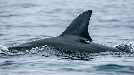 Fototapeta premium dangerous shark's fin emerging from the ocean, symbolizing danger and nature's power, with blurred vacationers in the background enjoying the water