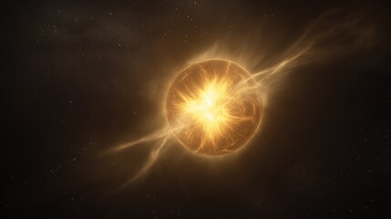 Obraz premium Digital illustration of a bright orange and yellow sun with a black background. the sun appears to be in the center of the image, with a circular shape and a bright yellow center.