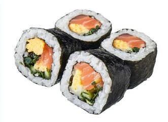 Close Up of Four Pieces of Salmon Sushi Rolls on White Background