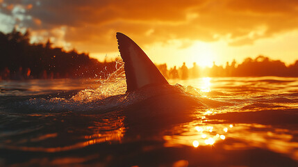 Fototapeta premium dangerous shark's fin emerging from the ocean, symbolizing danger and nature's power, with blurred vacationers in the background enjoying the water