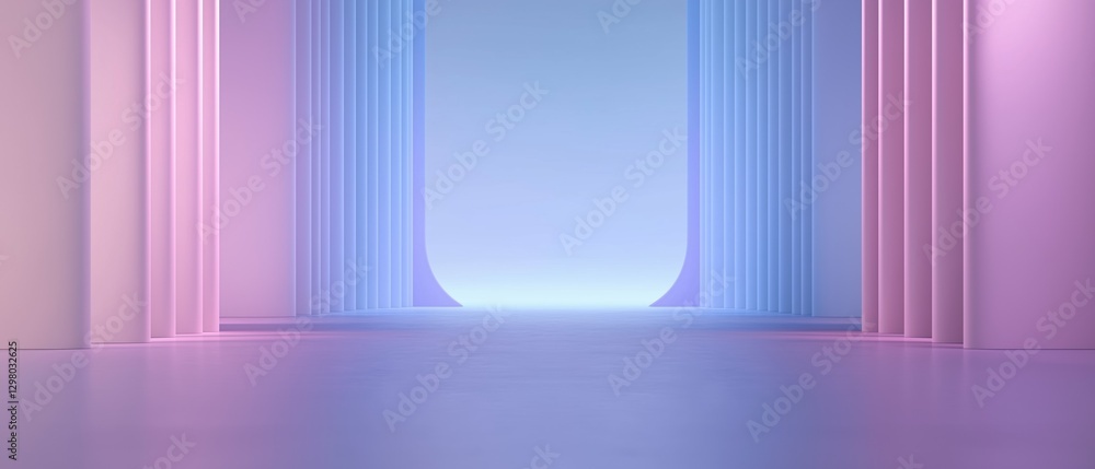 Poster Empty room with a blue and pink gradient background. the room has a long, narrow corridor with three columns on either side.