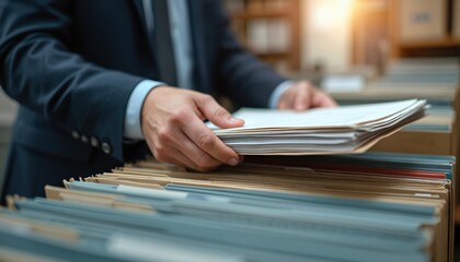 Close-up of office worker hands puts documents into labeled folder inside archive. Businessman in corporate suit sorts paperwork, files archive paperwork. Business administration financial audit
