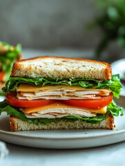 Fresh turkey sandwich with lettuce, tomato, and cheese.