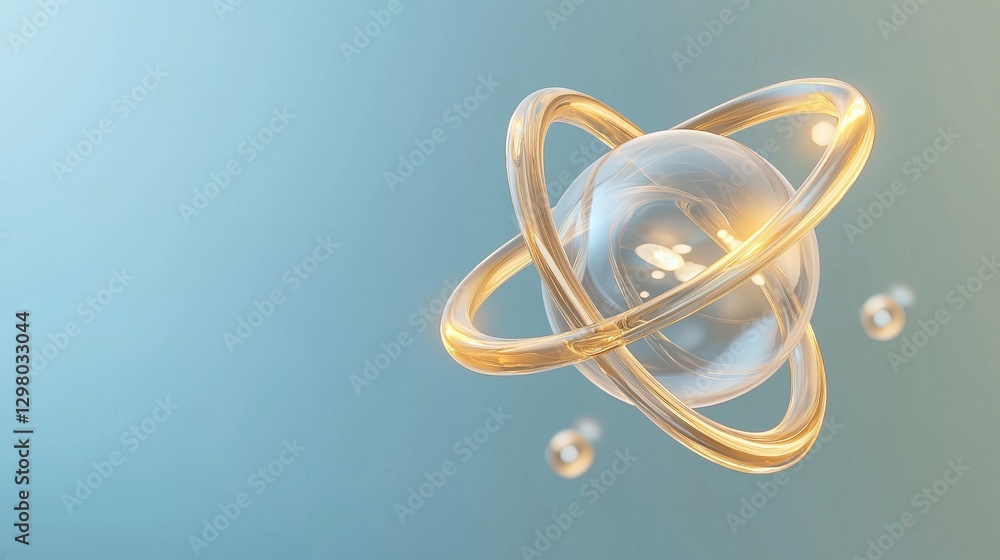 Poster digital illustration of an atom. the atom is in the center of the image and is made up of two rings,