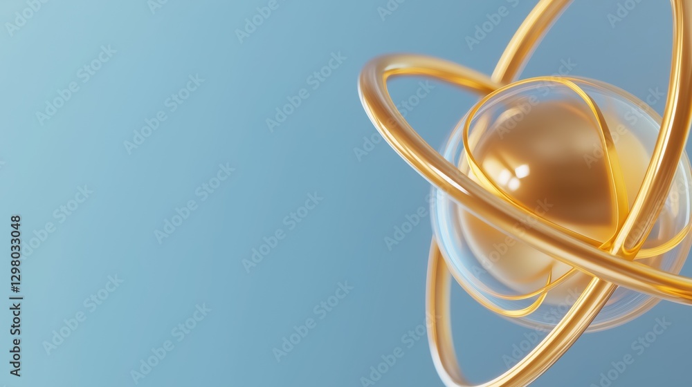 Poster digital illustration of an atom. the background is a light blue color and the atom is in the center 