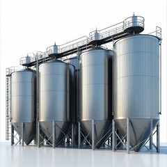 Large steel storage tanks, silos on transparent background used for storing grains, liquids, raw materials. Modern industrial containers for product processing, heavy manufacturing in agricultural