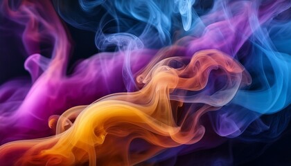 Fototapeta premium Macro abstract colorful smoke swirls, vibrant hues blending smoothly in air. Dynamic, ethereal texture. Ideal for artistic backgrounds and creative overlays