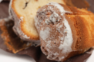A piece of sweet bread with powdered sugar, placed on parchment paper.