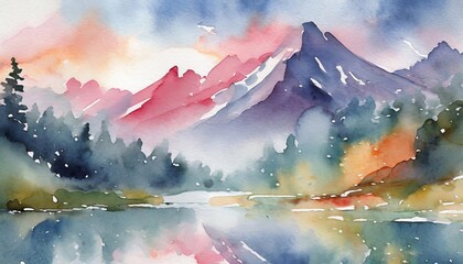 The beautiful of watercolor of the mountain behind the natural forest.