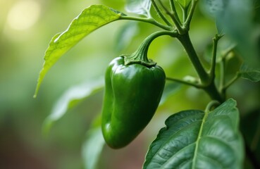 Close-up of fresh green poblano pepper growing on plant in garden. Healthy organic vegetable ready for harvesting. Natural ingredient for cooking, vegetarian diet and cuisine.
