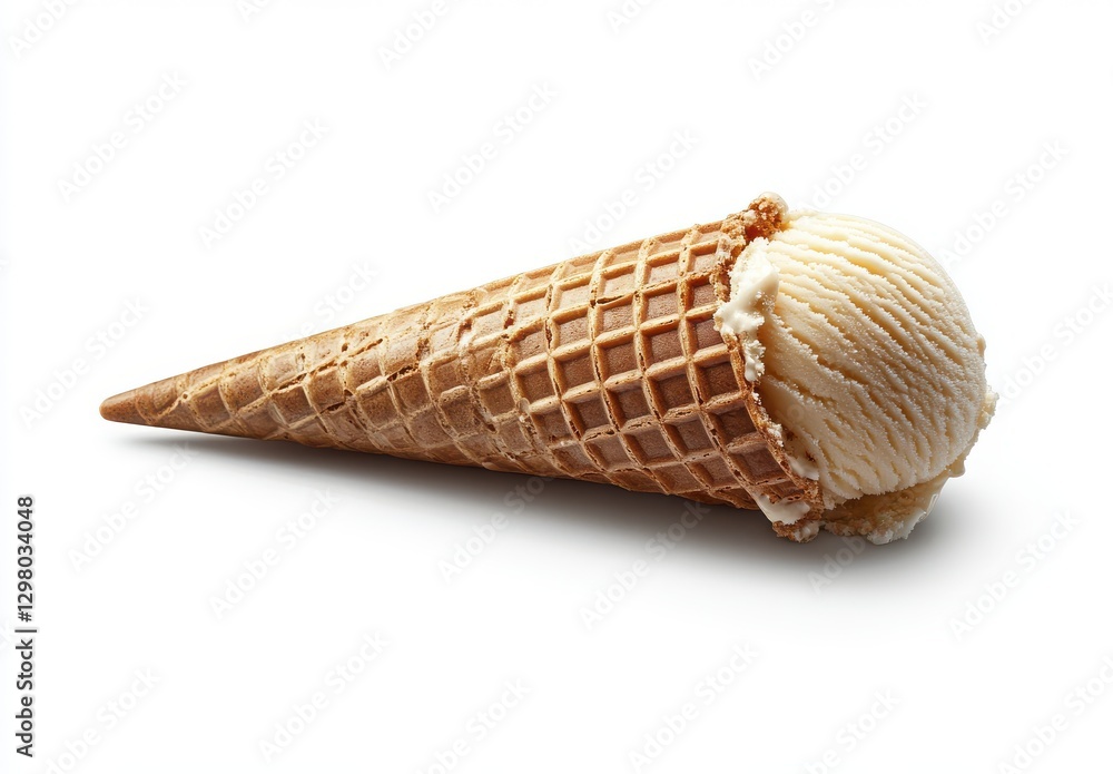Poster delicious vanilla ice cream scoop in a crispy waffle cone on a plain background with a focus on text