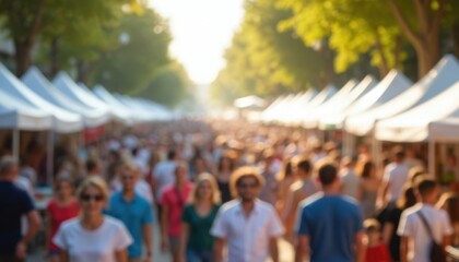 Blurred motion of street festival with tents, crowds. Suitable for city cultural events, community themes. Defocused abstract background with bokeh, vibrant colors, people walking. Festive summer