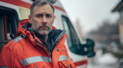 Fototapeta premium Portrait of a middle-aged paramedic with a strong build, wearing a red emergency uniform, standing next to an ambulance, focused and ready to act