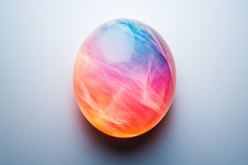 Colorful crystal orb with vibrant swirls under soft light on a neutral background