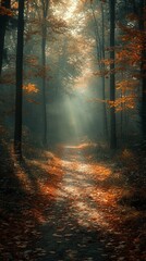 Obraz premium Misty morning light filters through a serene forest path lined with autumn leaves