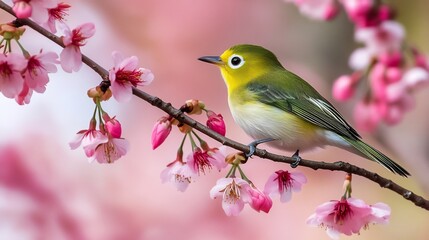 Charming Japanese White eye perched on a delicate cherry blossom branch its bright yellow green feathers glowing against the soft pink petals